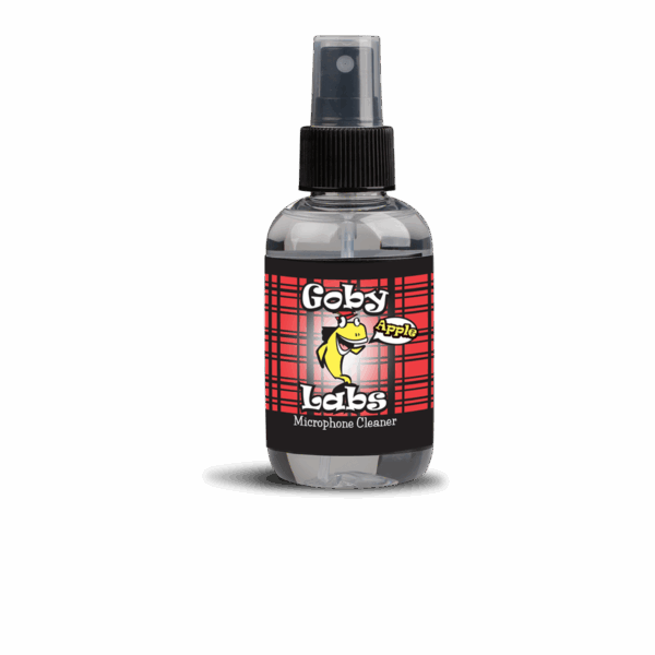 A clear plastic spray bottle of Goby Labs Microphone Cleaner, featuring a red and black plaid label with the brand's fish logo and the word 'Apple'.