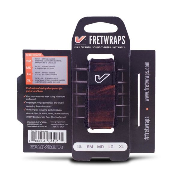 Gruv Gear FretWraps String Muter in Walnut shown in packaging on white background