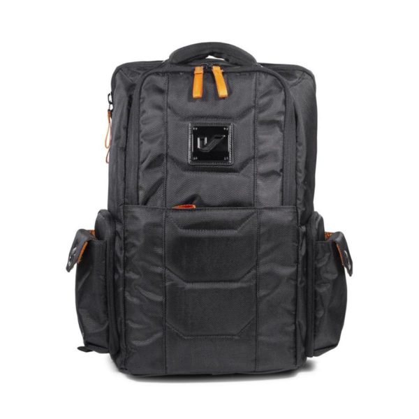 Gruv Gear Club Bag Tech Backpack in Classic Black/Orange on white background