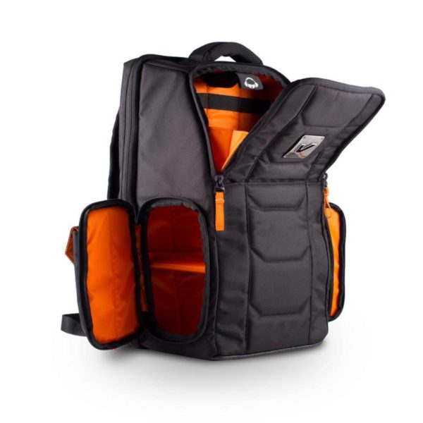 Gruv Gear Club Bag Tech Backpack in Classic Black/Orange with pockets open on white background