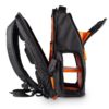 Gruv Gear Club Bag Tech Backpack in Classic Black/Orange with pockets open from side on white background