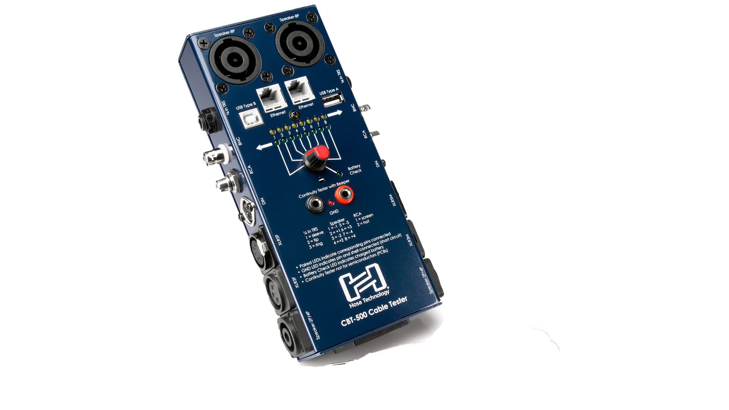 Front view of Hosa CBT-500 Cable tester