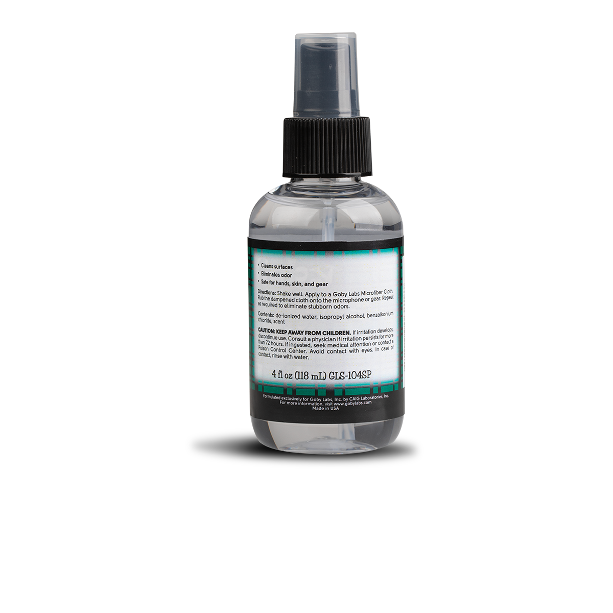 The reverse label of the Goby Labs Microphone Cleaner bottle, listing benefits (Cleans surfaces, removes odor, safe for hands/skin/gear), usage directions, ingredients (de-ionized water, isopropyl alcohol), and CAUTION warnings.
