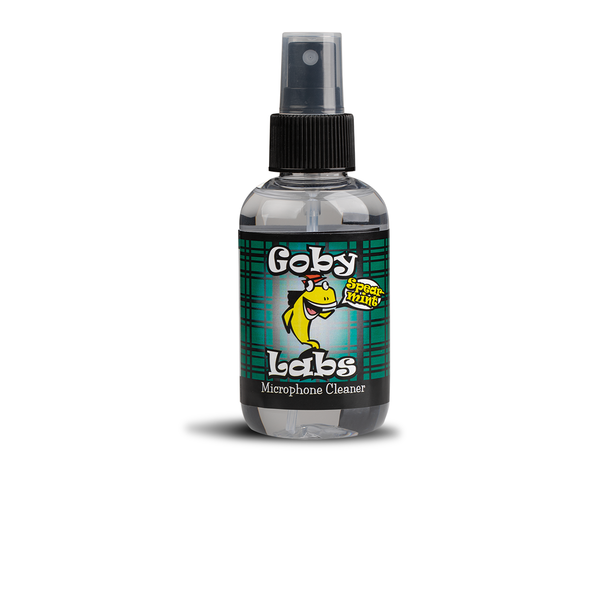 A clear plastic spray bottle of Goby Labs Microphone Cleaner and Sanitizer, featuring the green plaid Spearmint flavor label and the brand's yellow fish logo.